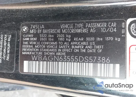 2005 BMW 745Li from USA, damaged, VIN WBAGN63555DS57386